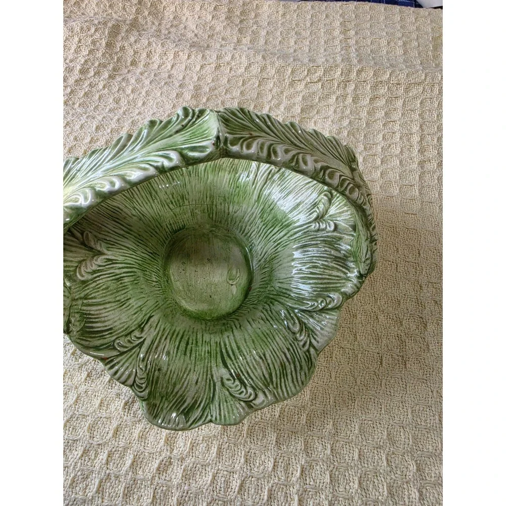 Vintage Green Cabbage Leaf Ceramic Basket Fruit Bowl